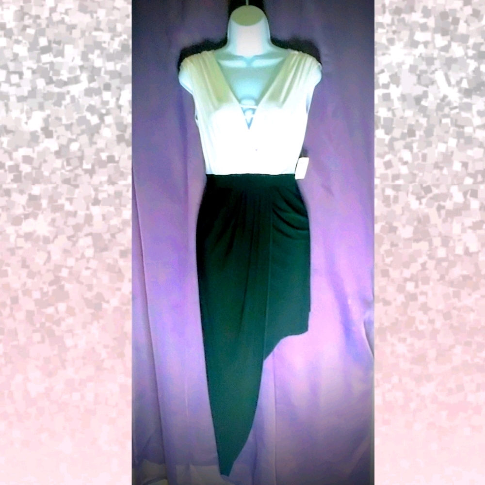 Black & white assymetrically draped mini dress